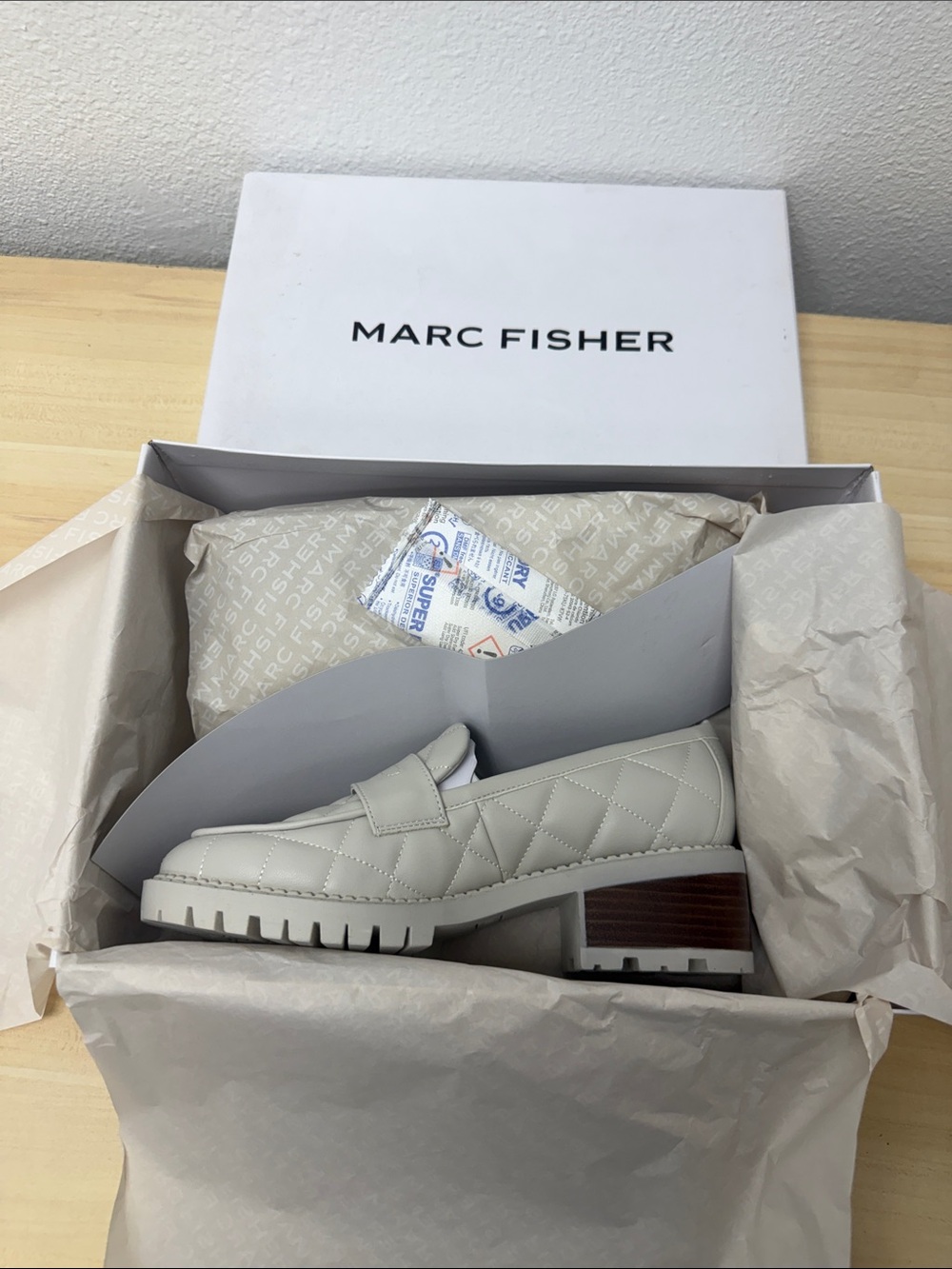 Marc Fisher Quilted Loafers in Light Gray Leather with Chunky Sole